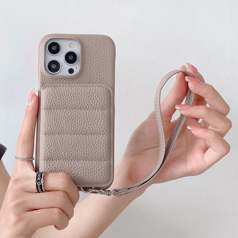 Drop-resistant leather down card holder phone case for iPhone in black with lanyard and bracket