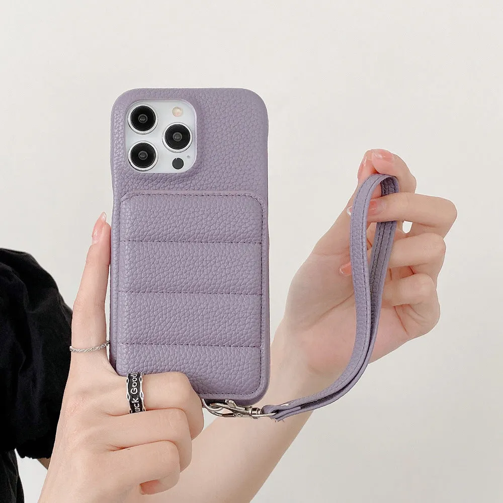 Drop-resistant leather down card holder phone case for iPhone in black with lanyard and bracket