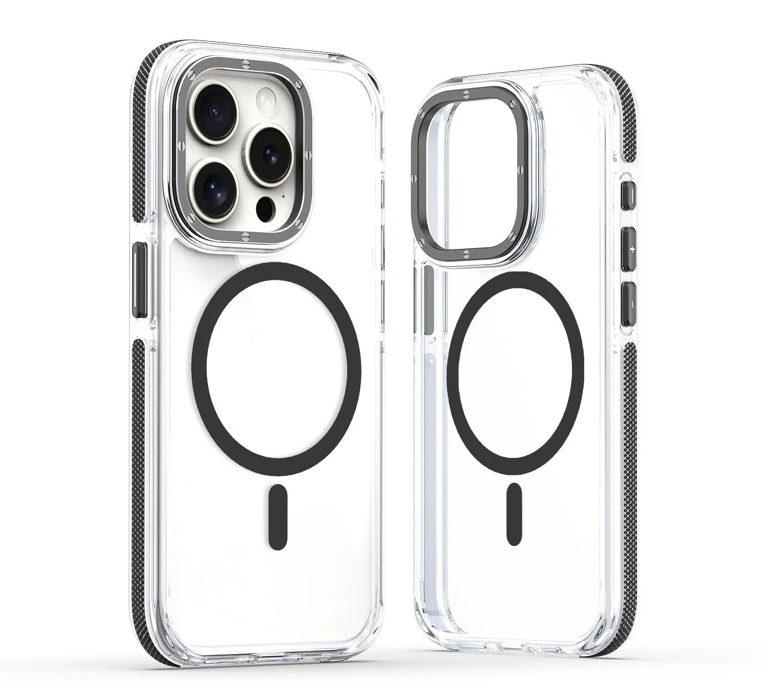 X transparent magnetic phone case with two-tone edge in black on an iPhone showing the back