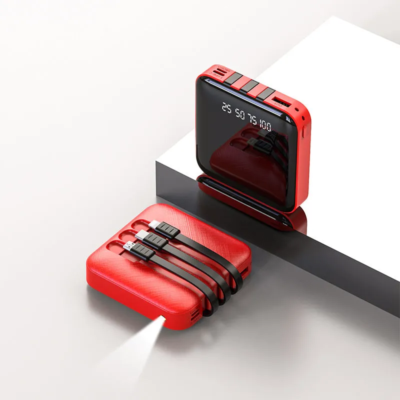 Black and red power banks with data cables showing 10000mAh capacity and 80x80x23mm dimensions