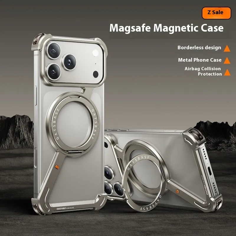 Metal frame phone case with magnetic bracket for iPhone 17 Pro Max in black with electroplating finish
