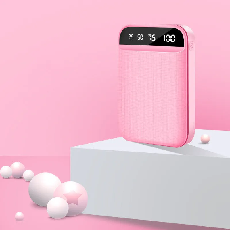 Mini power bank in black, blue, pink, or white with polymer lithium-ion battery and multiple USB ports