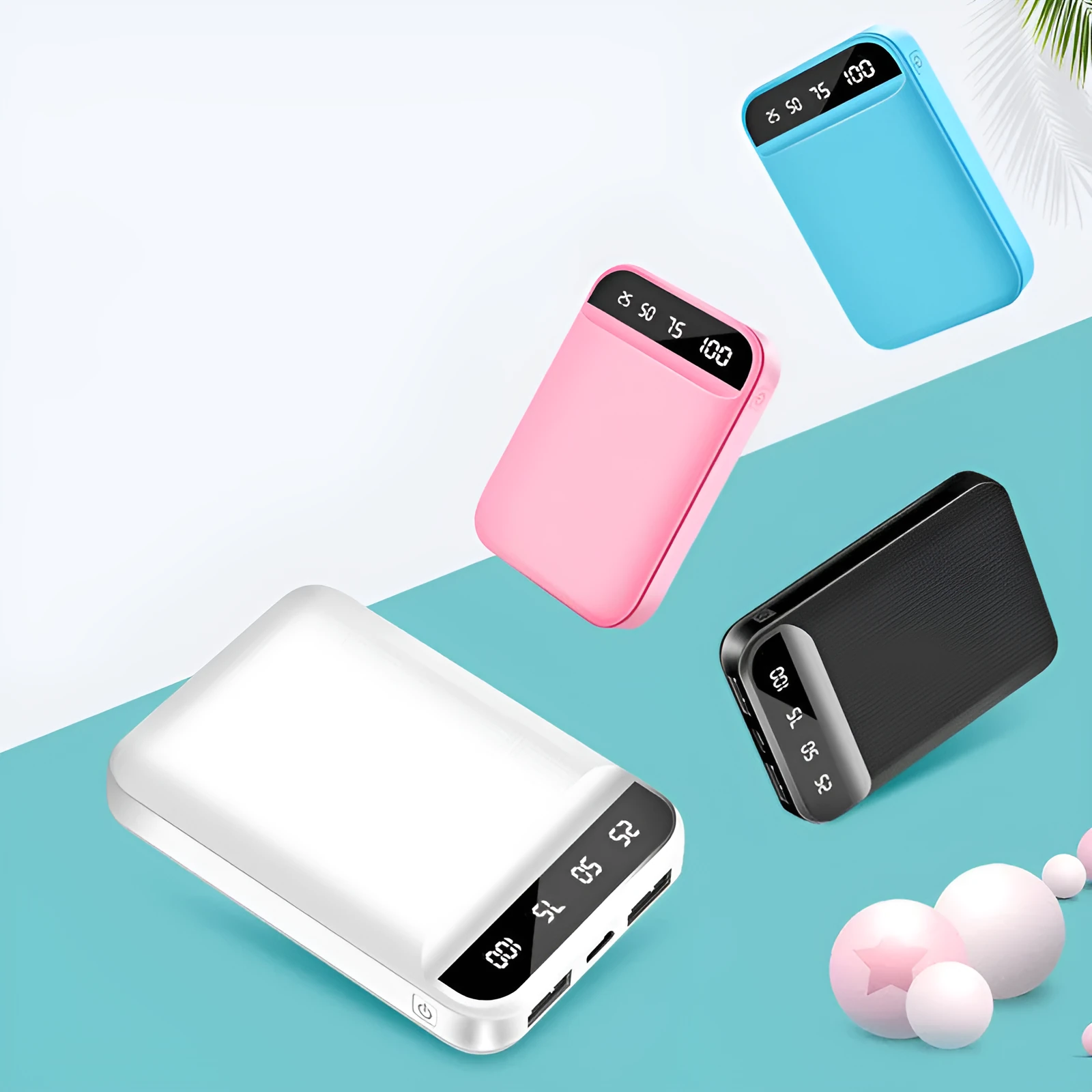 Mini power bank in black, blue, pink, or white with polymer lithium-ion battery and multiple USB ports