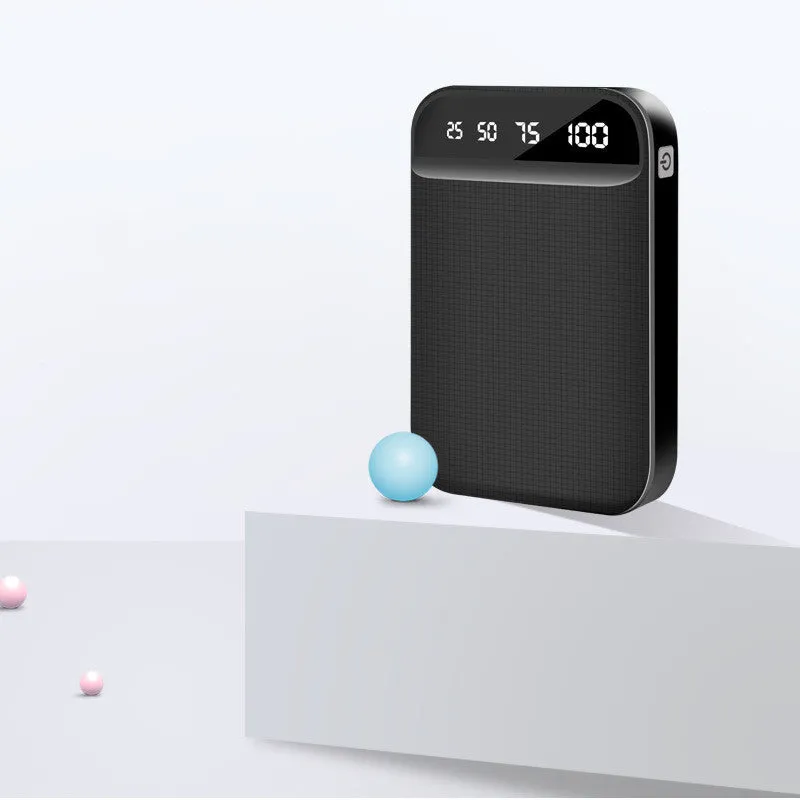 Mini power bank in black, blue, pink, or white with polymer lithium-ion battery and multiple USB ports