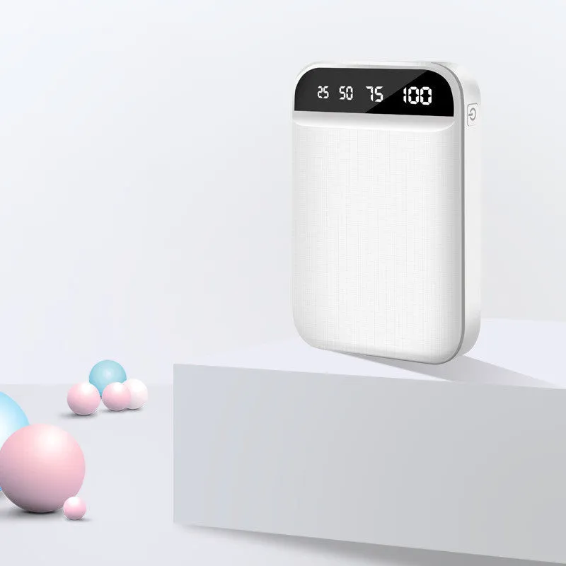 Mini power bank in black, blue, pink, or white with polymer lithium-ion battery and multiple USB ports