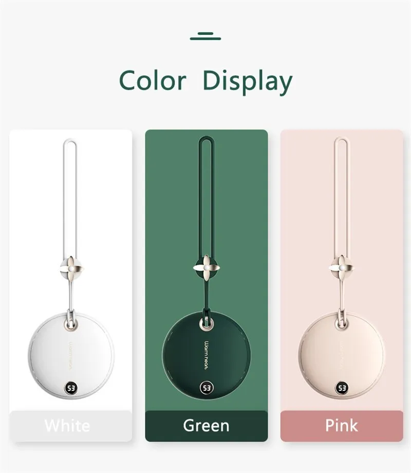 Green portable hand warmer power bank with digital display showing 5000mAh capacity