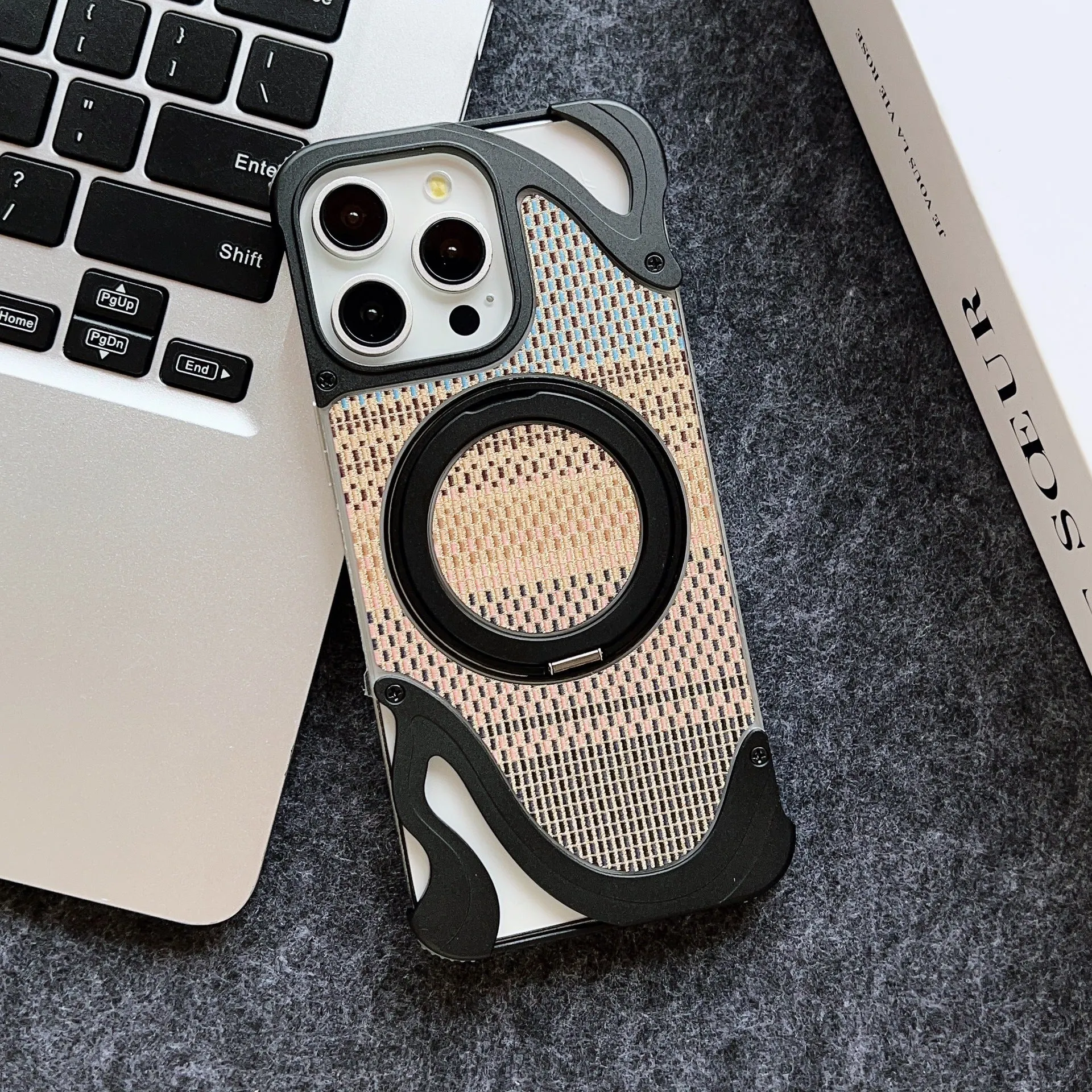 Frameless metal magnetic bracket phone case for iPhone 16 Pro in black electroplated finish