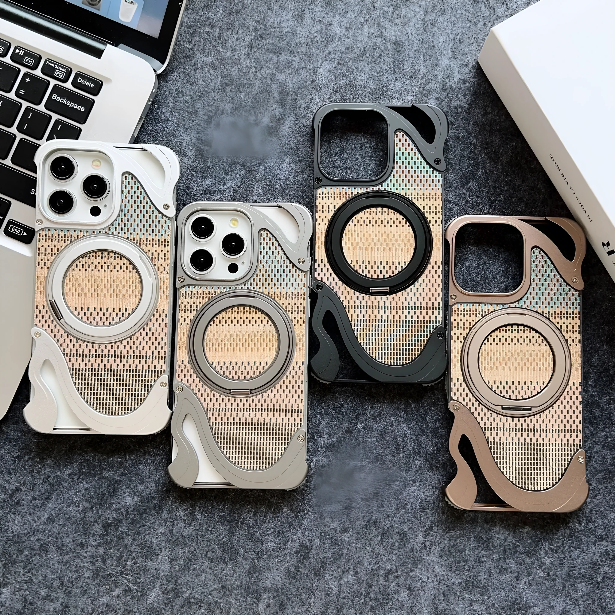 Frameless metal magnetic bracket phone case for iPhone 16 Pro in black electroplated finish