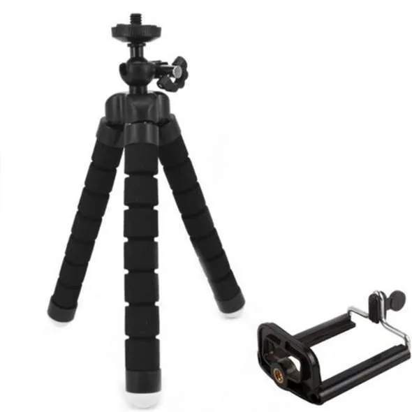 Black flexible octopus tripod with legs wrapped around a pole holding a smartphone