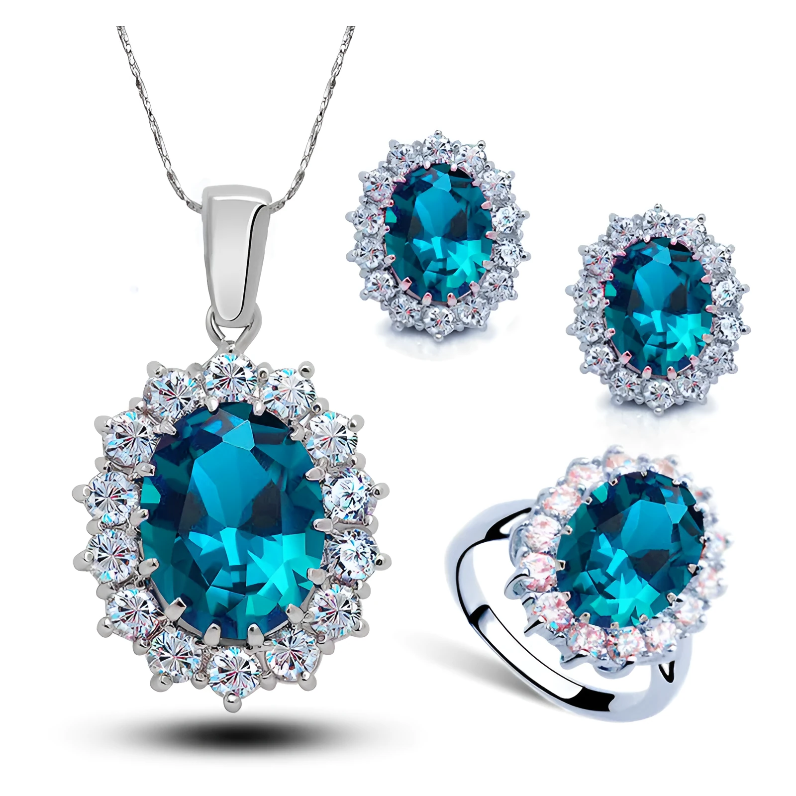 Korean style crystal bridal jewellery set with copper necklace, earrings, and ring in olive green