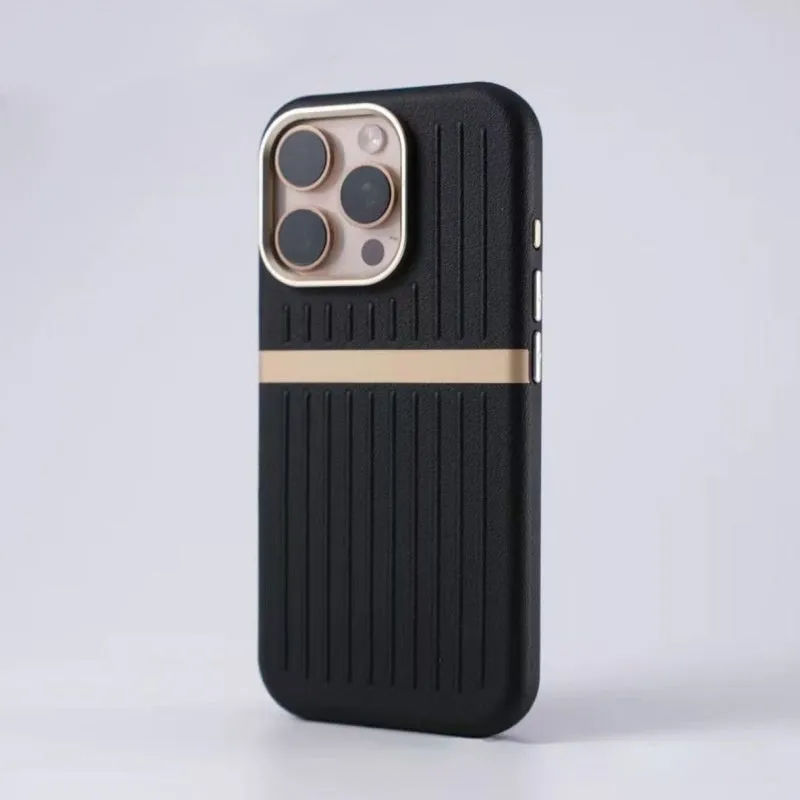 Corrugated magnetic phone case in black with frosted imitation leather finish for IPhone 15.