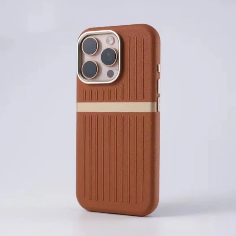Corrugated magnetic phone case in black with frosted imitation leather finish for IPhone 15.
