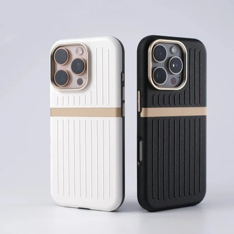 Corrugated magnetic phone case in black with frosted imitation leather finish for IPhone 15.