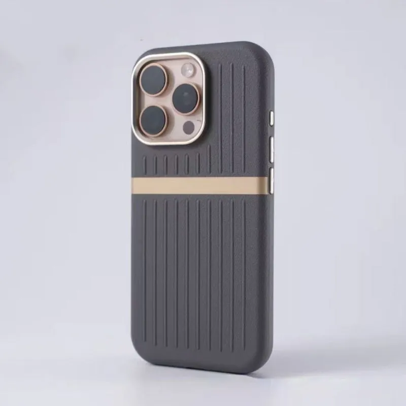 Corrugated magnetic phone case in black with frosted imitation leather finish for IPhone 15.