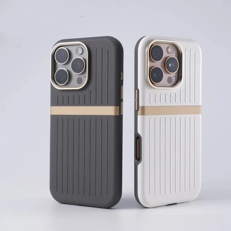 Corrugated magnetic phone case in black with frosted imitation leather finish for IPhone 15.