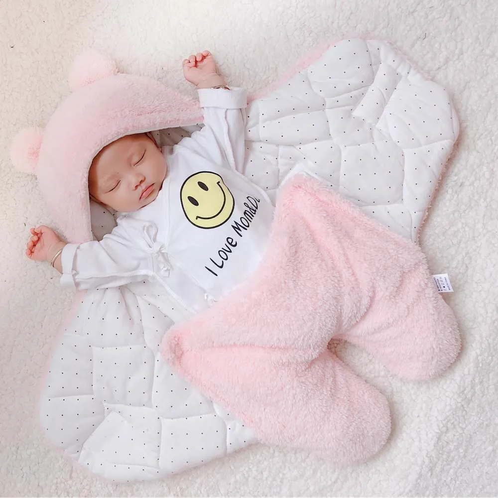 Three-layer newborn sleeping bag envelope in grey with flannel outer and cotton inner, 65cm size