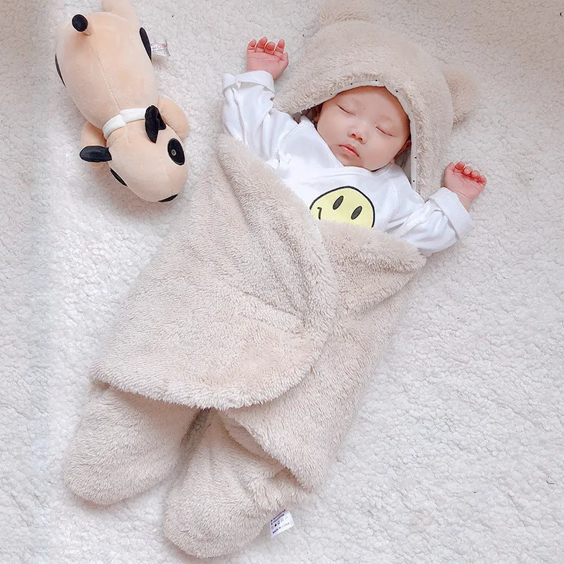 Three-layer newborn sleeping bag envelope in grey with flannel outer and cotton inner, 65cm size