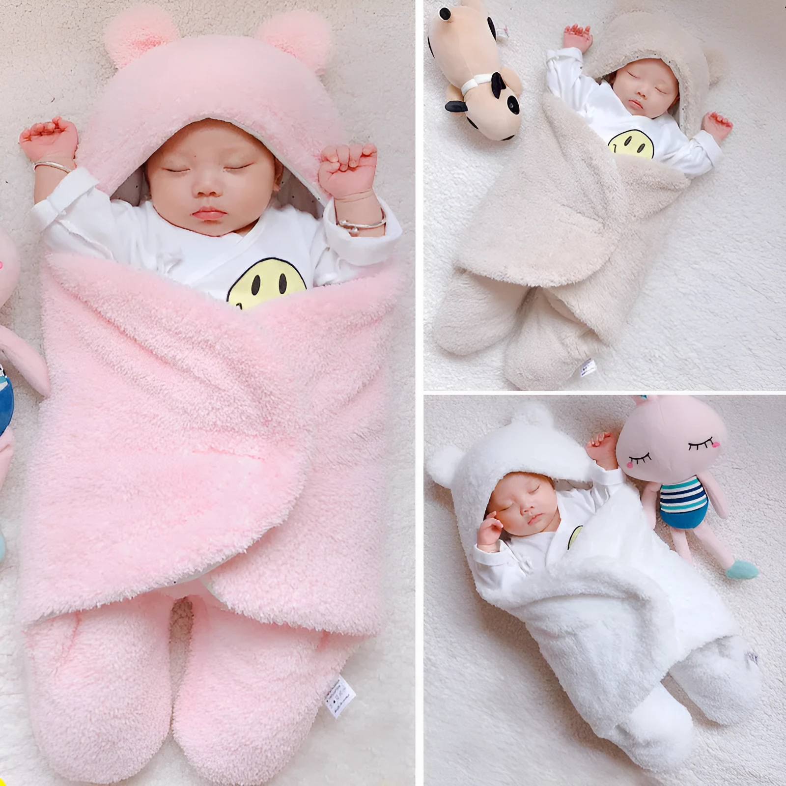 Three-layer newborn sleeping bag envelope in grey with flannel outer and cotton inner, 65cm size