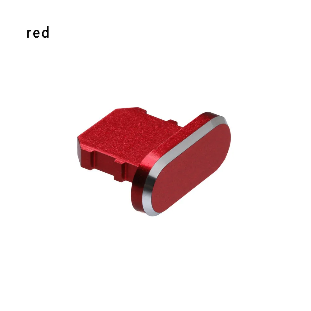 Aluminium alloy dust plug for iPhone charging port in various metallic colours.