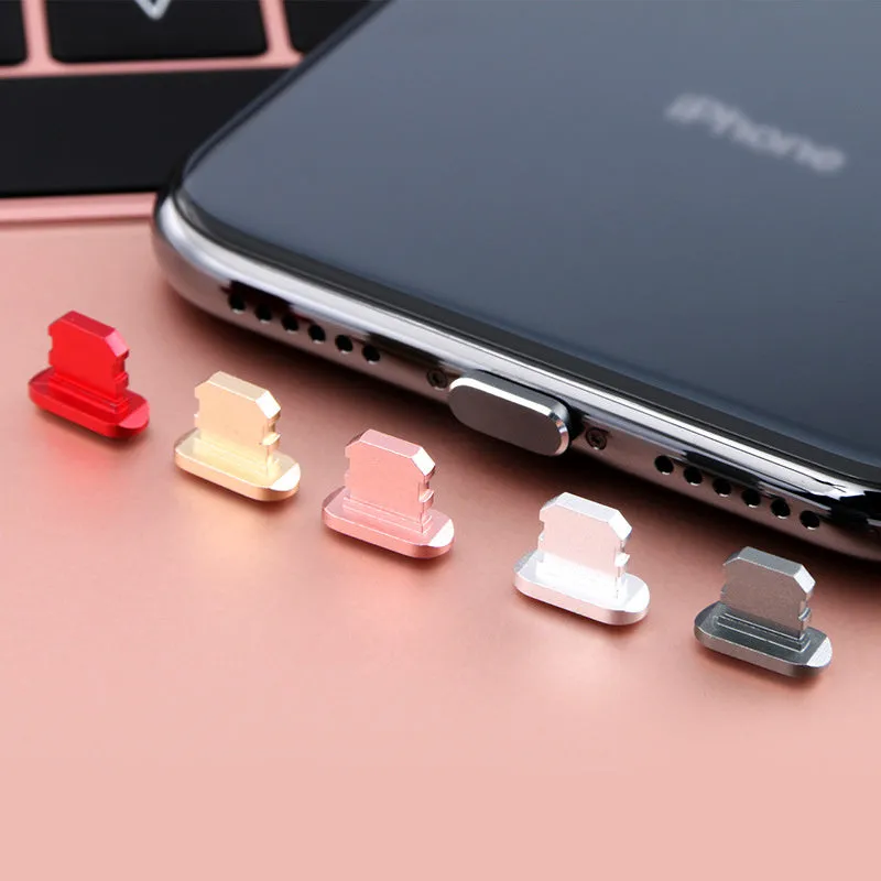 Aluminium alloy dust plug for iPhone charging port in various metallic colours.