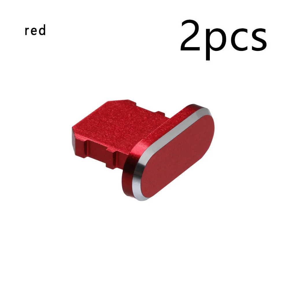 Aluminium alloy dust plug for iPhone charging port in various metallic colours.