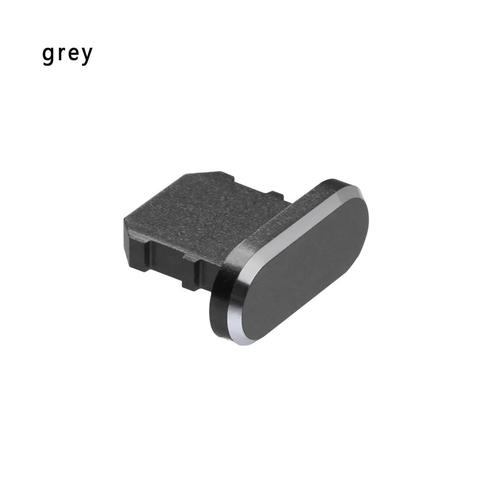 Aluminium alloy dust plug for iPhone charging port in various metallic colours.