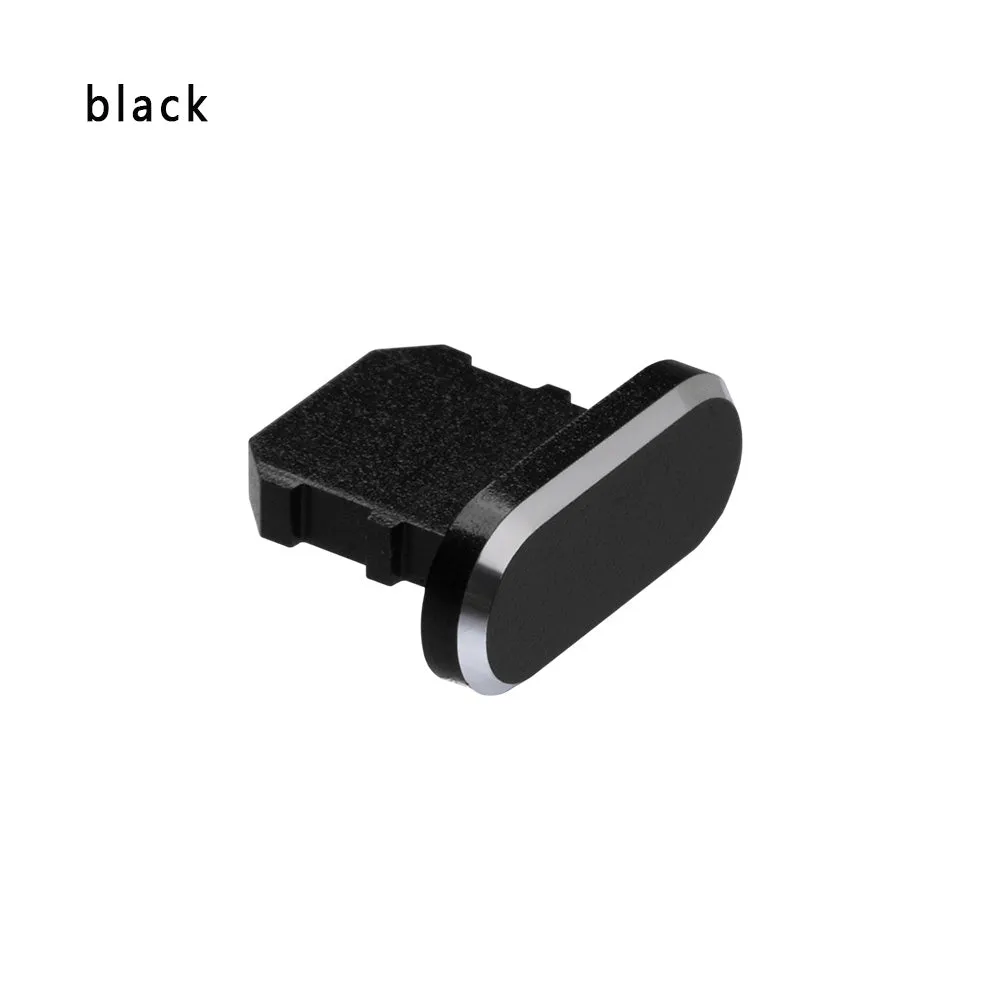 Aluminium alloy dust plug for iPhone charging port in various metallic colours.