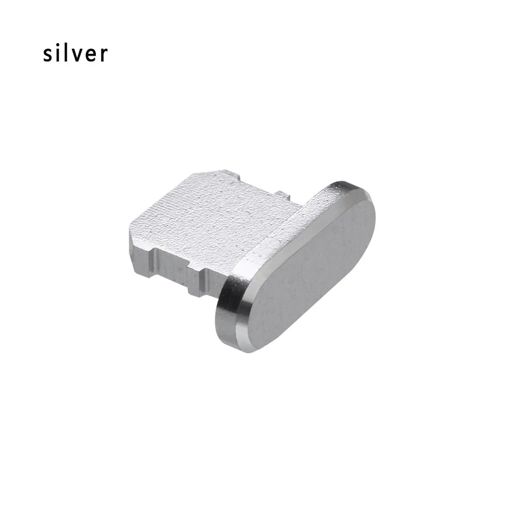Aluminium alloy dust plug for iPhone charging port in various metallic colours.