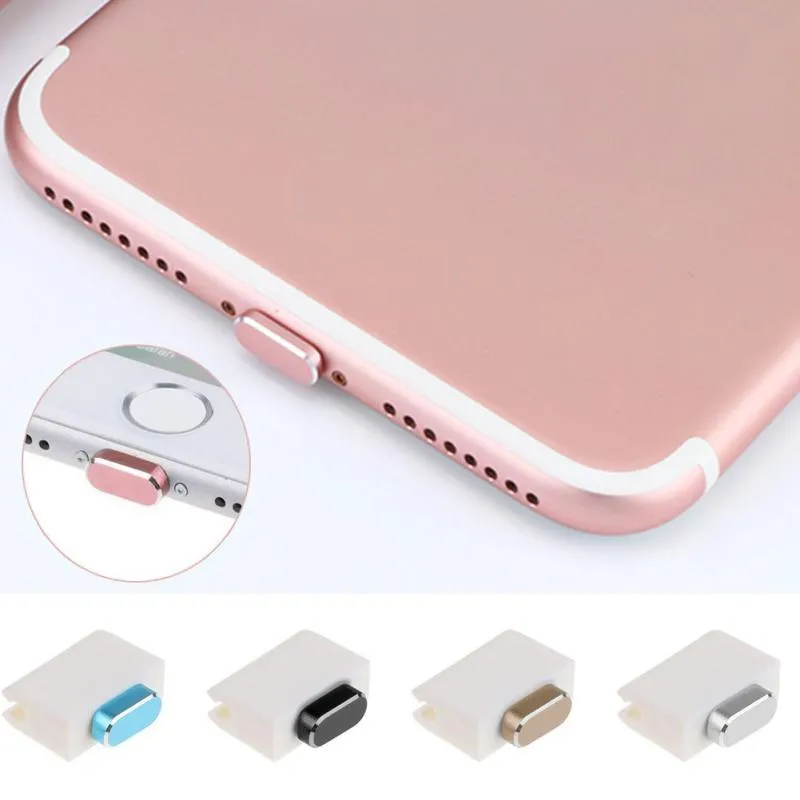Aluminium alloy dust plug for iPhone charging port in various metallic colours.