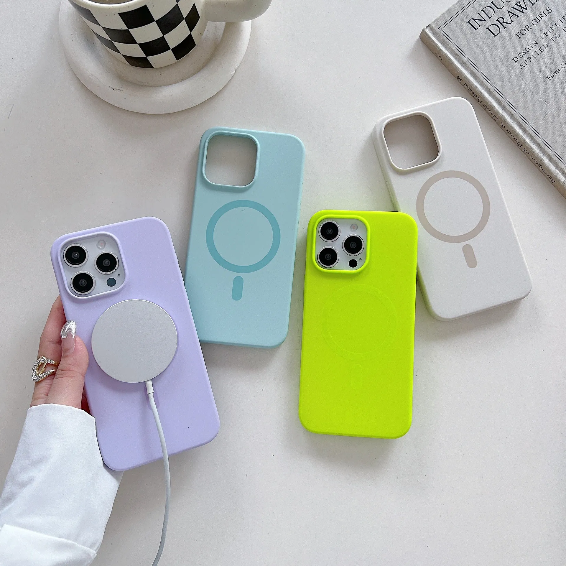 Solid colour liquid silicone magnetic phone case with frosted finish, shockproof protection, for iPhone 14 Pro Max