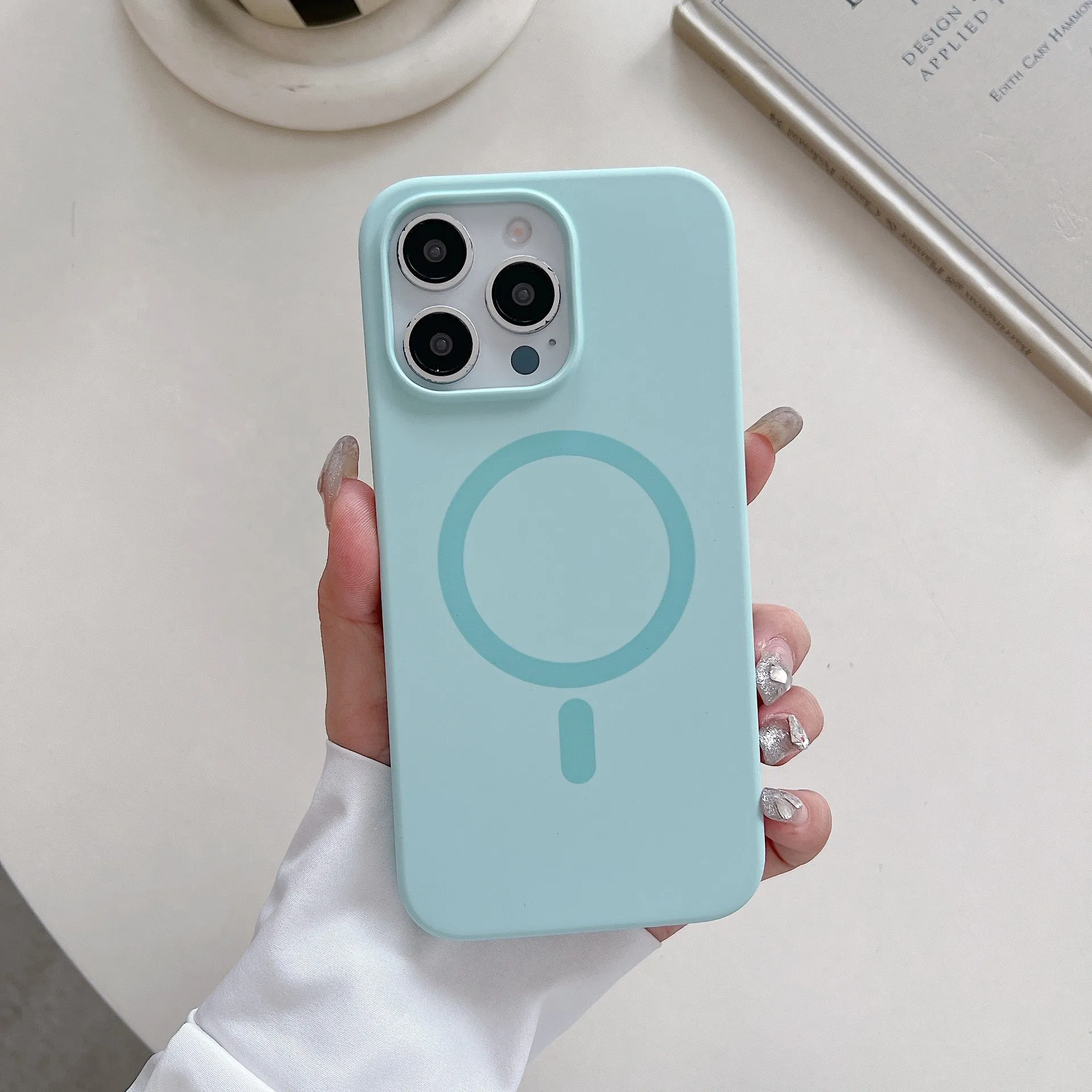 Solid colour liquid silicone magnetic phone case with frosted finish, shockproof protection, for iPhone 14 Pro Max