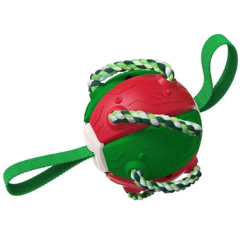 Interactive dog football soccer ball with tabs in blue, showing sphere form with cotton rope and nylon tug rope, on grass