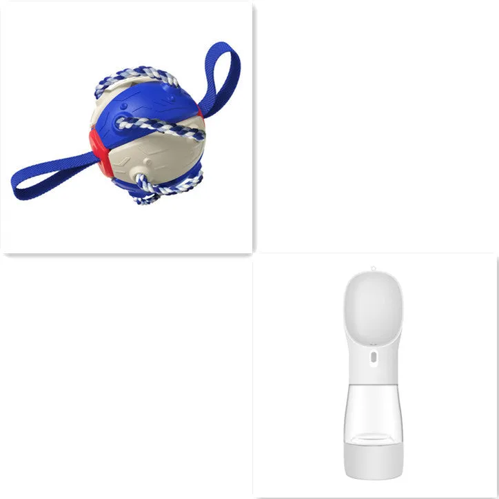 Interactive dog football soccer ball with tabs in blue, showing sphere form with cotton rope and nylon tug rope, on grass