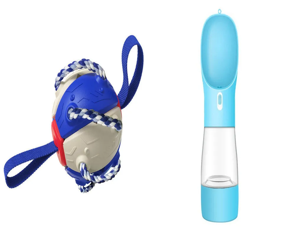 Interactive dog football soccer ball with tabs in blue, showing sphere form with cotton rope and nylon tug rope, on grass