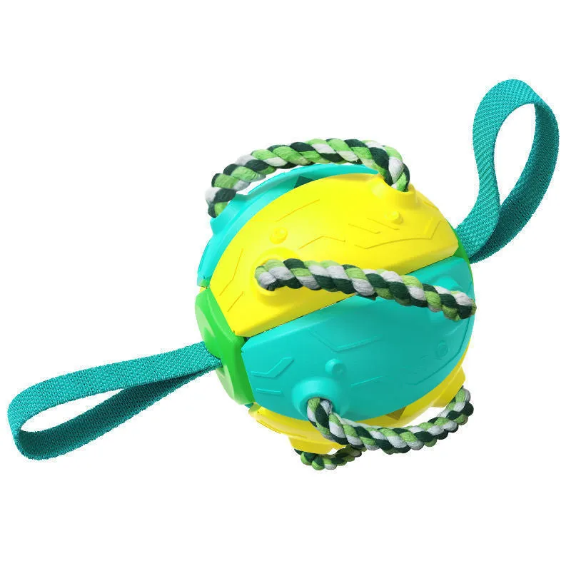Interactive dog football soccer ball with tabs in blue, showing sphere form with cotton rope and nylon tug rope, on grass
