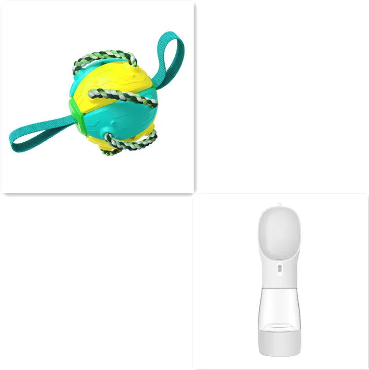 Interactive dog football soccer ball with tabs in blue, showing sphere form with cotton rope and nylon tug rope, on grass