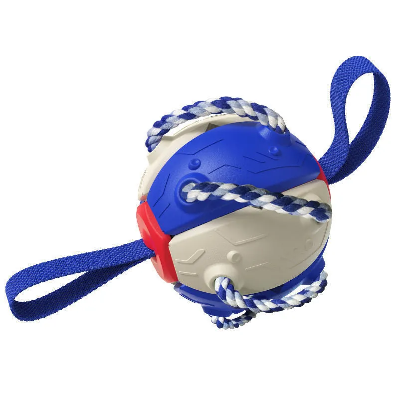Interactive dog football soccer ball with tabs in blue, showing sphere form with cotton rope and nylon tug rope, on grass
