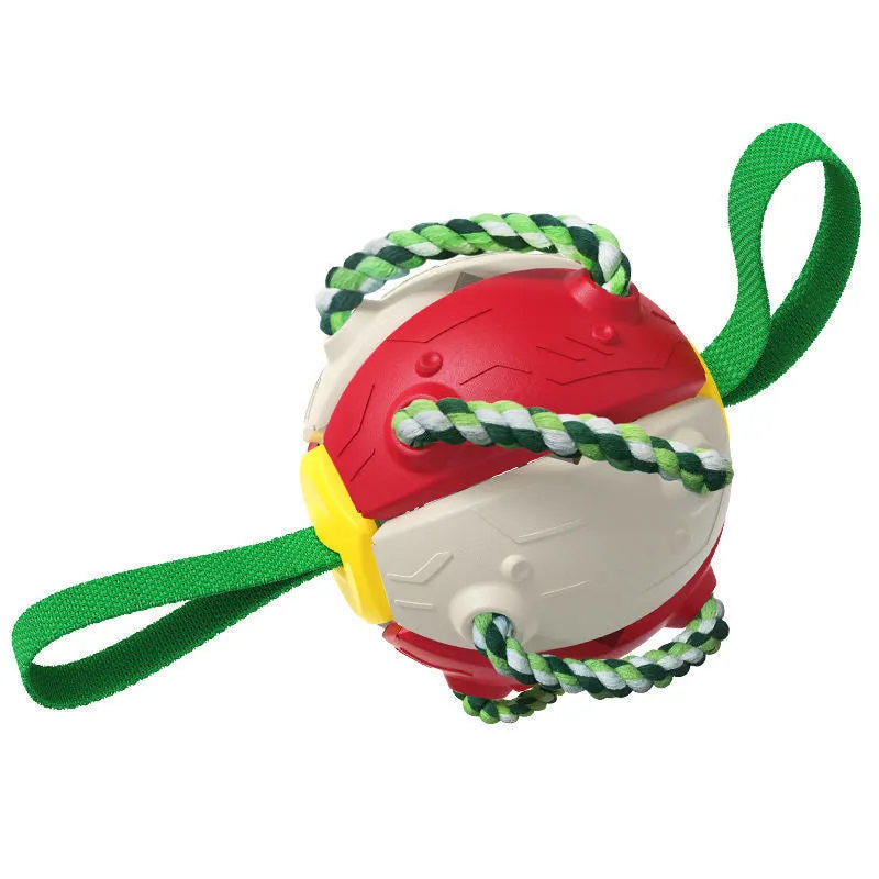 Interactive dog football soccer ball with tabs in blue, showing sphere form with cotton rope and nylon tug rope, on grass