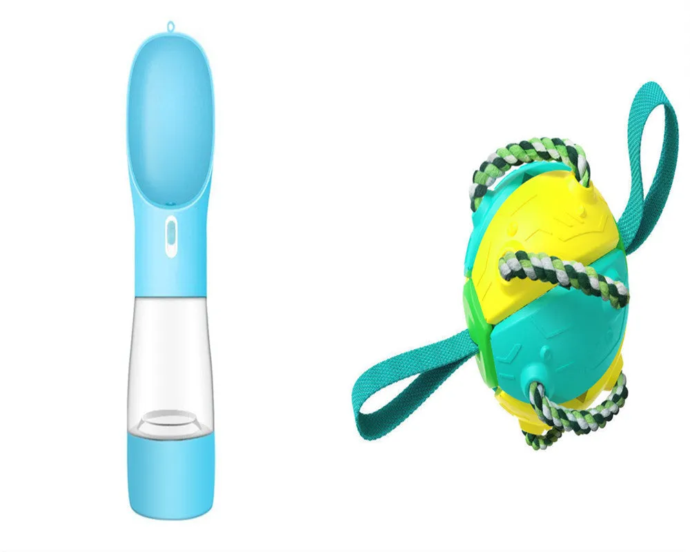 Interactive dog football soccer ball with tabs in blue, showing sphere form with cotton rope and nylon tug rope, on grass