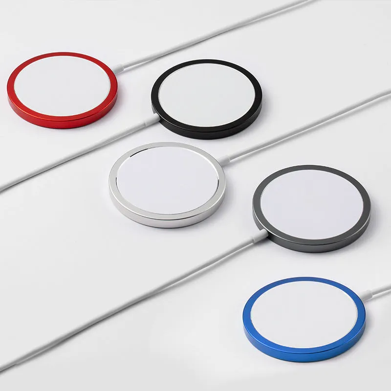 MagSafe compatible magnetic wireless charger in silver, black, blue, and red metal finishes for iPhone.