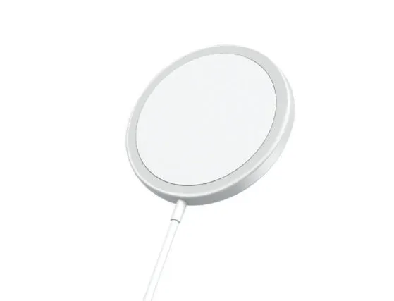 MagSafe compatible magnetic wireless charger in silver, black, blue, and red metal finishes for iPhone.