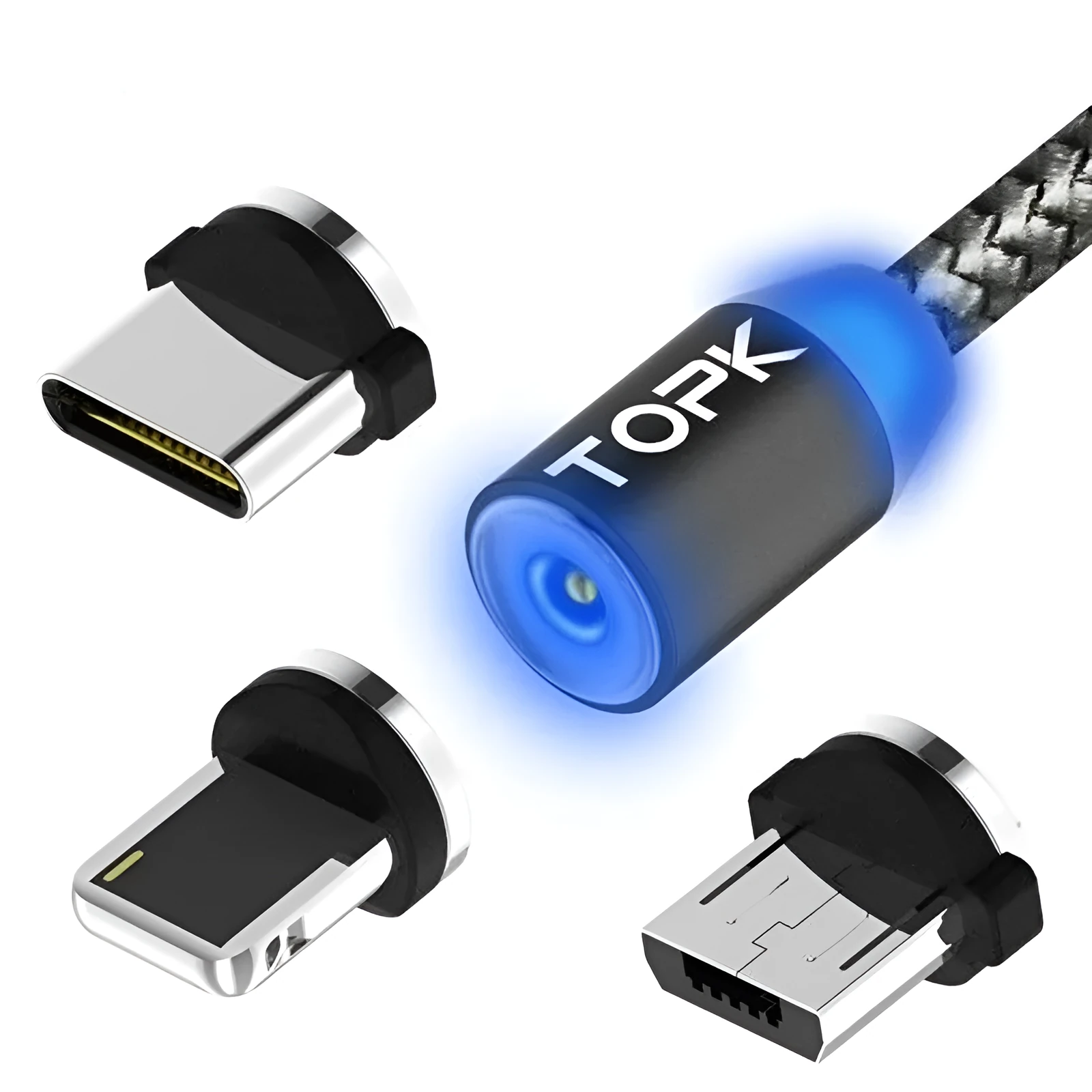 Aluminium alloy magnetic USB cable with three detachable plug heads for Apple, Android and Type-C phones.