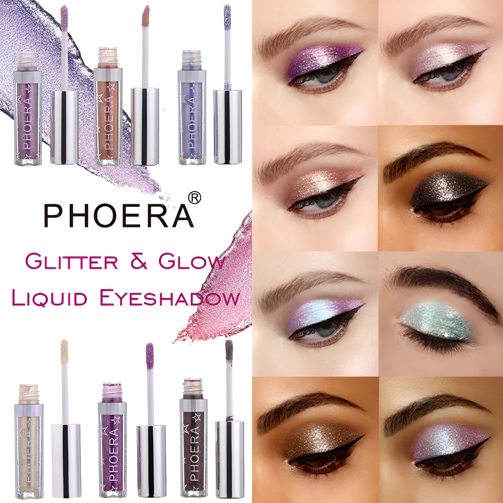 PHOERA Magnificent Metals Glitter and Glow Liquid Eyeshadow in 12 colours with holographic 3D effect in portable 21g bottles