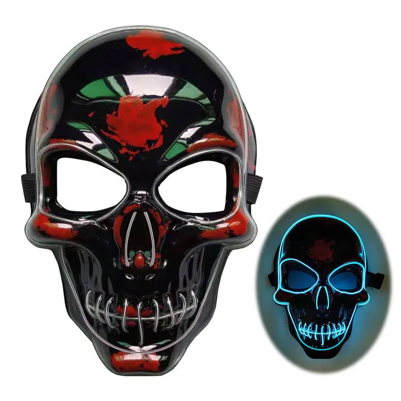 LED skeleton mask with blue glow showing eye and mouth openings on plastic face