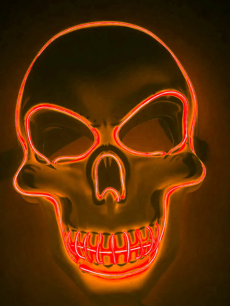 LED skeleton mask with blue glow showing eye and mouth openings on plastic face