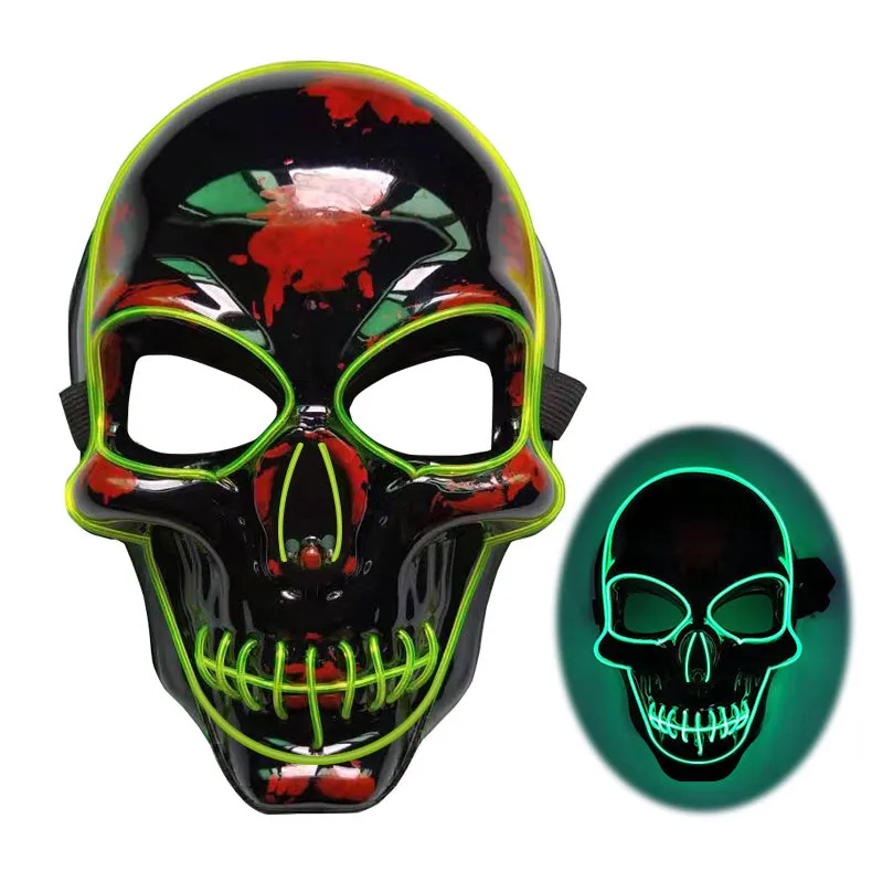 LED skeleton mask with blue glow showing eye and mouth openings on plastic face