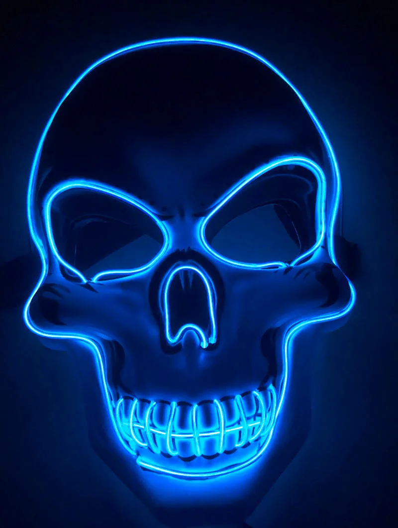 LED skeleton mask with blue glow showing eye and mouth openings on plastic face