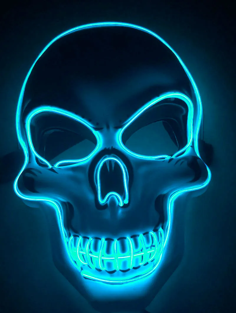 LED skeleton mask with blue glow showing eye and mouth openings on plastic face