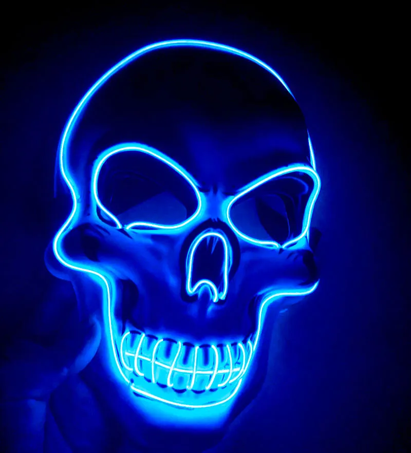 LED skeleton mask with blue glow showing eye and mouth openings on plastic face