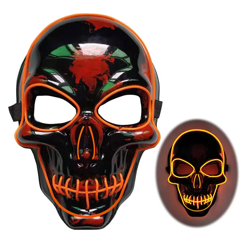 LED skeleton mask with blue glow showing eye and mouth openings on plastic face